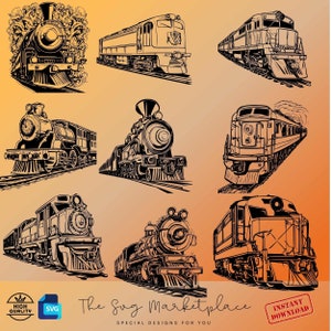 Ensemble de 9 fichiers SVG et PNG de conception de train, paquet de silhouette de train de voyageurs de chemin de fer - fournitures de création - cadeau pour les amateurs de train
