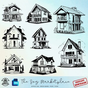 May include: A set of eight black and white line drawings of different house styles. Each house is drawn in a simple, minimalist style with details like windows, doors, and roofs. The houses are all set against a white background.