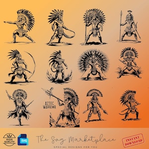 May include: A set of 12 black and white vector illustrations of Aztec warriors in various poses. The warriors are wearing feathered headdresses and holding weapons such as spears, axes, and shields. The text "Aztec Warrior" is included in the image.