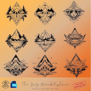 May include: Nine black and white illustrations of mountains, trees, and animals in a geometric diamond shape. The illustrations are in a minimalist style and have a vintage feel. The text "The Svg Marketplace" is at the bottom of the image.