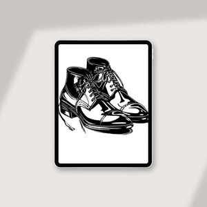 May include: A pair of black leather lace-up shoes with a cap toe design. The shoes are drawn in a simple, black and white style.