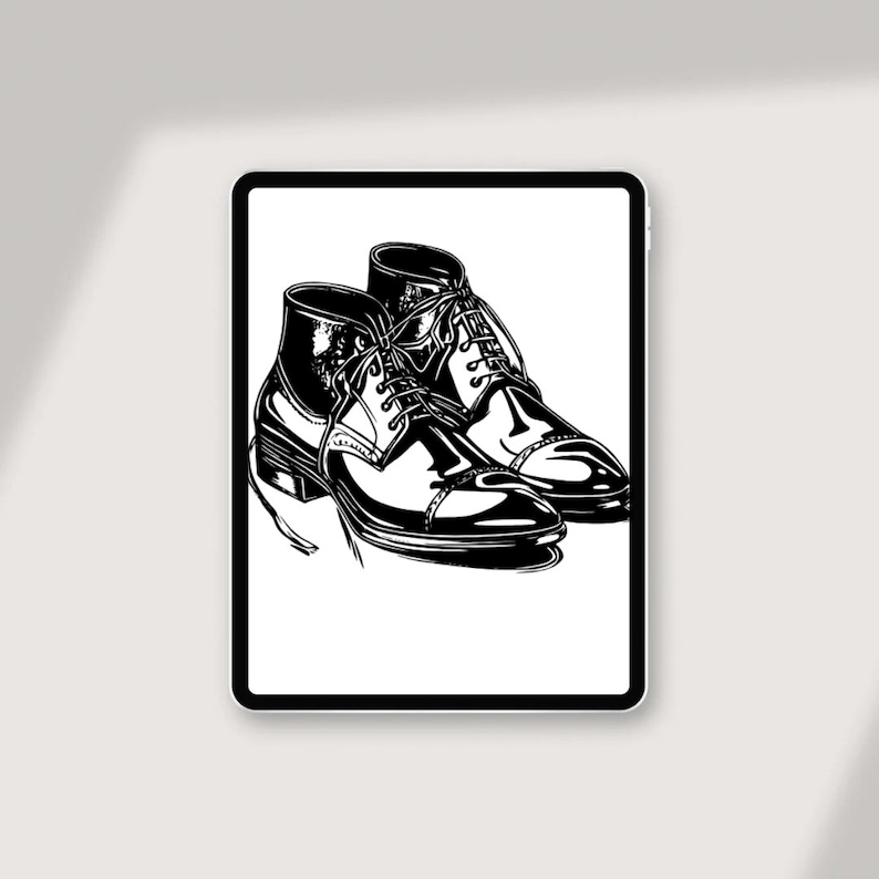May include: A pair of black leather lace-up shoes with a cap toe design. The shoes are drawn in a simple, black and white style.