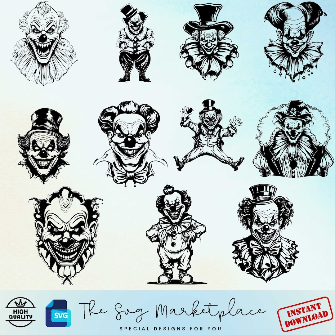 Scary Clown SVG & PNG Bundle 11 Creepy Circus Designs, Perfect for