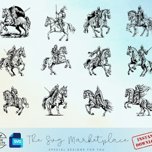 May include: A set of 12 black and white vector illustrations of knights riding horses. The knights are wearing armor and holding swords or lances. The horses are in various poses, some are galloping, some are standing still, and some are rearing up. The illustrations are in a vintage style.