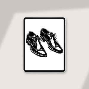 May include: A pair of black leather shoes with laces. The shoes are drawn in a simple, minimalist style.