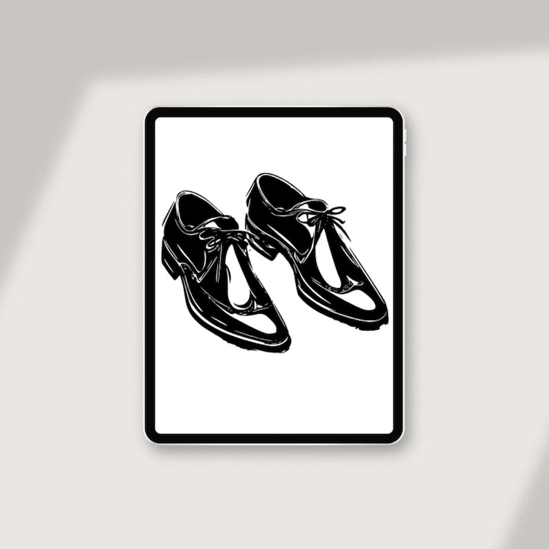 May include: A pair of black leather shoes with laces. The shoes are drawn in a simple, minimalist style.