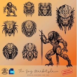 May include: A set of 10 black and white vector illustrations of a Predator, a fictional alien hunter. The illustrations include different poses and angles of the Predator, including a full-body shot, close-ups of the head, and a Predator holding a spear. The illustrations are perfect for use in digital projects, such as websites, social media, and print materials.