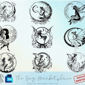 Fairy and Moon SVG Bundle, Silhouette Designs (9 Files)