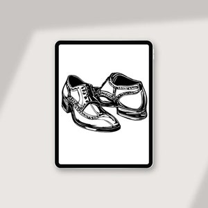 May include: A pair of black leather shoes with a brogue design. The shoes have laces and a pointed toe.