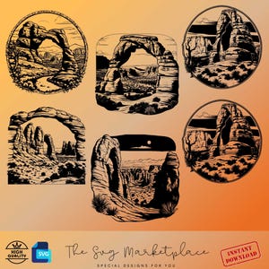 May include: Set of five black and white silhouette SVG designs featuring different views of Delicate Arch in Arches National Park, Utah. The designs are perfect for crafting, cutting, and creating unique projects.