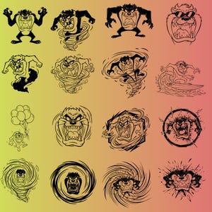 Puede incluir: Una colección de ilustraciones de dibujos animados en blanco y negro del Demonio de Tasmania en varias poses. Las imágenes incluyen al personaje en un tornado, sosteniendo globos y surfeando. El fondo tiene un degradado de amarillo a rosa.