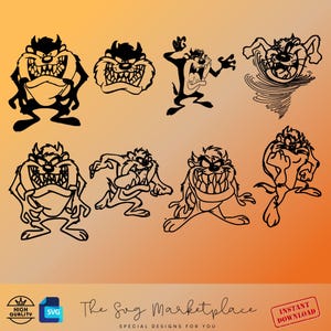 May include: Eight black and white vector illustrations of Taz the Tasmanian Devil from the Looney Tunes cartoon series. Taz is shown in various poses, including running, spinning, and snarling.