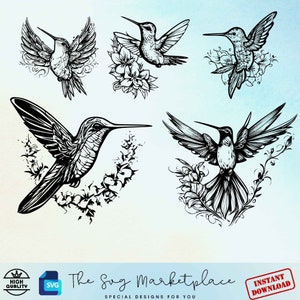Hummingbird Clipart Set - 5 Piece SVG Collection, Intricate Vector Art for Scrapbooking, Ideal Gift for Nature Enthusiasts