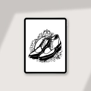 May include: Black and white illustration of two dress shoes with a decorative floral design around them.