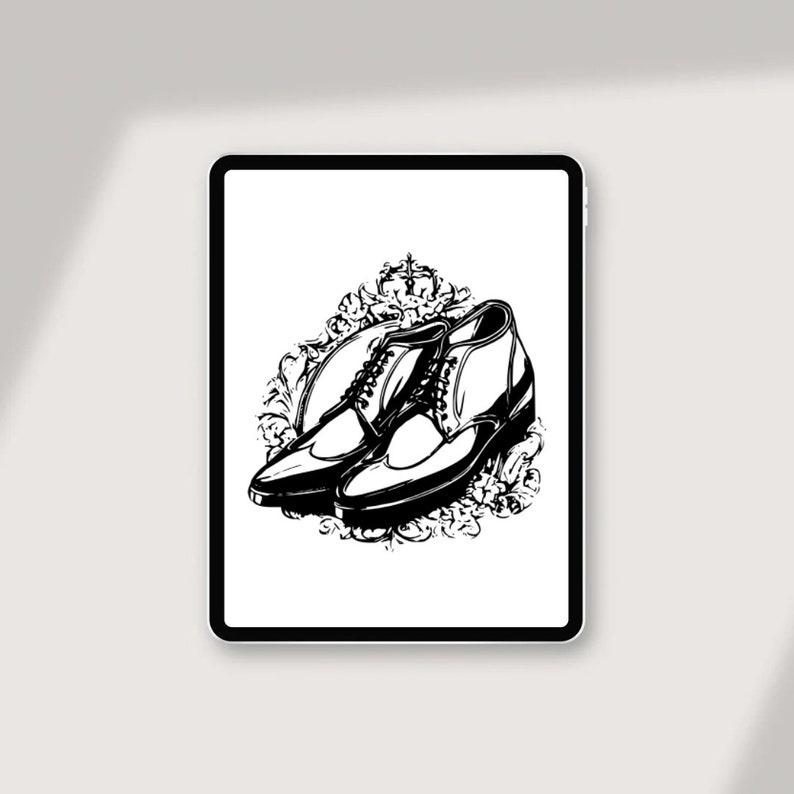 May include: Black and white illustration of two dress shoes with a decorative floral design around them.