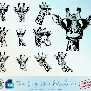 May include: A set of ten black and white illustrations of giraffes wearing sunglasses. The giraffes are in various poses, some looking to the side, some looking straight ahead, and some looking up. The illustrations are simple and stylized, with a focus on the giraffes' faces and necks.