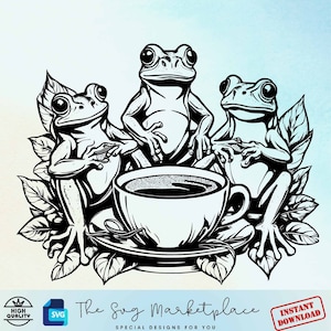 Coffee Frog Svg Png Pdf, Funny Frog on Leaf Design, Cute Frog Drinking Coffee Clipart, Amphibian Lover Cricut File, Digital Download