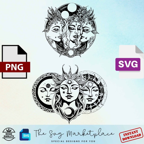 Female Goddess SVG & PNG Bundle - Triple Goddess Wiccan Symbol, Pagan Digital Art, Ideal Goddess Gift for Crafters