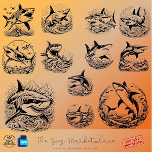 Lot de 12 dessins de requins SVG - Illustrations de requins uniques pour t-shirts, tasses, autocollants et plus - Parfait pour les amateurs de requins et les passionnés de l'océan