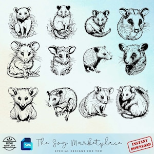 Opossum Digital Art Pack - 12 Charming SVG/PNG Graphics, Ideal for T-Shirt Printing & Decor, Great Gift for Nature Admirers