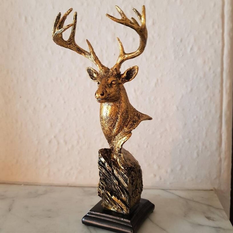 Copper Imitation Rustic Deer Head Statue Perfect for Lodge, Cabin