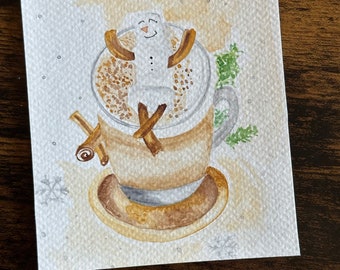Original Hand painted Cute Christmas watercolor art work - 4”x5”