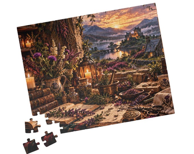 Scottish Highlands Apothecary Puzzle, Castle Landscape, Botanical Historical Gift