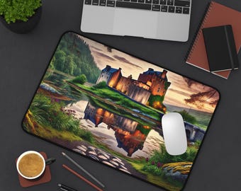 Outlander Inspired Historic Scottish castle by a reflective loch Desk Mat..