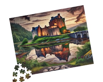 Outlander Inspired Historic Scottish castle by a reflective loch Jigsaw Puzzle