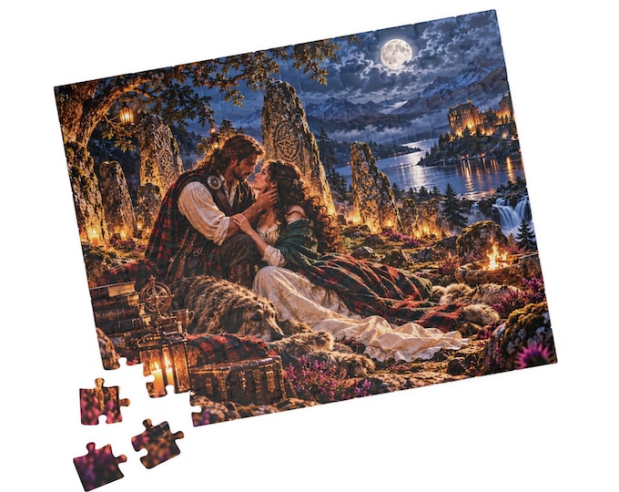 Scottish Highlands Moonlight Puzzle, Romantic Fantasy, Standing Stones Castle