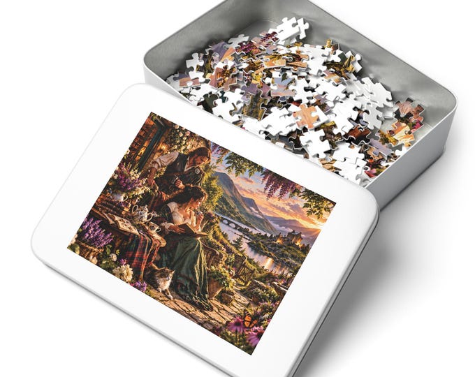 Afternoon in the Highland Garden Puzzle, Scottish Cottage Garden Puzzle, Romantic Castle Landscape, Book Lover Puzzle Gift
