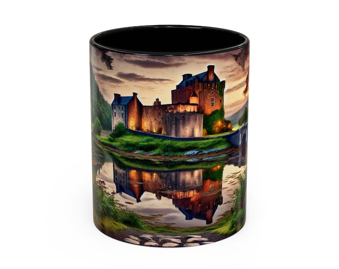 Outlander Inspired Historic Scottish castle by a reflective loch Accent Coffee Mug (11, 15oz)