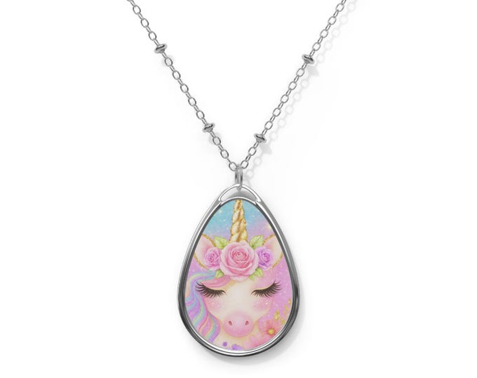 Elegant Oval Pendant Necklace, Unicorn