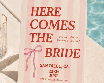 Bachelorette Party Invitation Template, Retro Bach Party Invite, Here Comes the Bride, Editable Canva Template, Instant Download