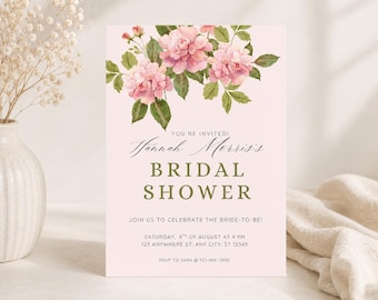 Bridal Shower Invitation Template, Pink Floral Rose Watercolor Invite, Editable Canva Template, Printable Bridal Shower Invitation