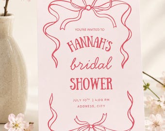 Bridal Shower Invitation Template, Pink Bow Invite, Coquette Bridal Shower Invitation, Editable Canva Template, Instant Download