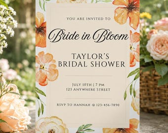 Bridal Shower Invitation Template, Bride in Bloom Floral Invite, Garden Bridal Shower Invitation, Editable Canva, Instant Download