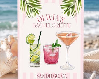 Bachelorette Party Invitation Template, Tropical Cocktail Invite, Coastal Bach Party Invitation, Editable Canva, Instant Download