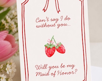 Maid of Honor Proposal Card, Strawberry Bridesmaid Proposal Template, Editable Canva Template, Bridal Party Invite, Instant Download