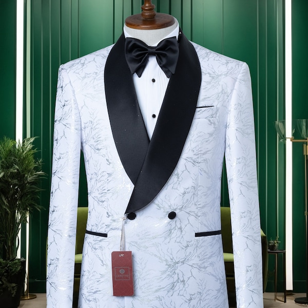 White Shiny Jacquard Men's Tuxedo - Groom Suit - Wedding Suit Peak Lapel Slim Fit Double Breasted Men's Suit