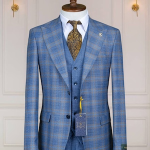 3 Piece Checked, Baby Blue Men&#39;s Suit Single Breasted Peak Lapel, Men&#39;s Suit, Blazer,Vest,Pants
