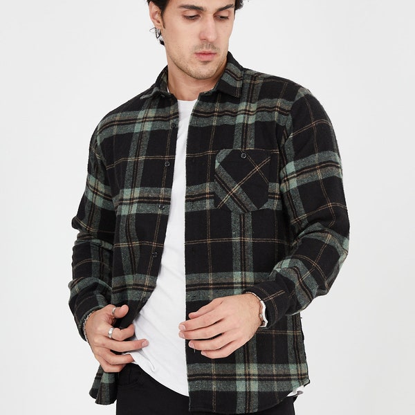 Unisex übergroßes grün kariertes Holzfäller-Jacken-Shirt für den Winter