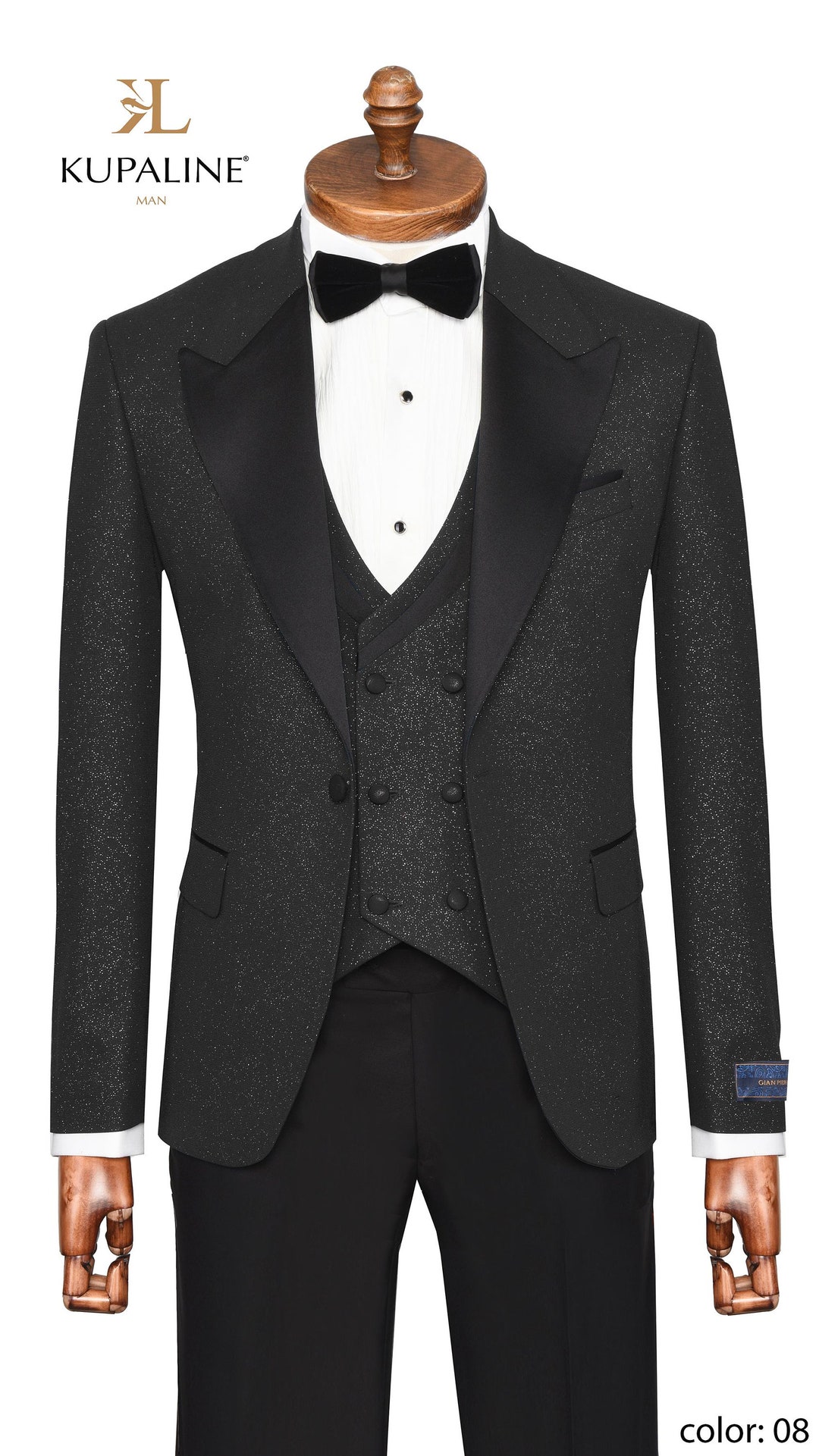 Men's Black Wide Lapel 3 Piece Denim Peak Lapel Pleated Pants Vested Jean Fashion Suit