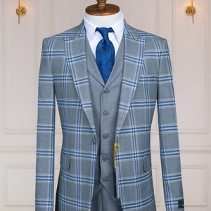 Checked Gray Wool Men&#39;s Suit: Slim Fit Peak Lapel 3-Piece