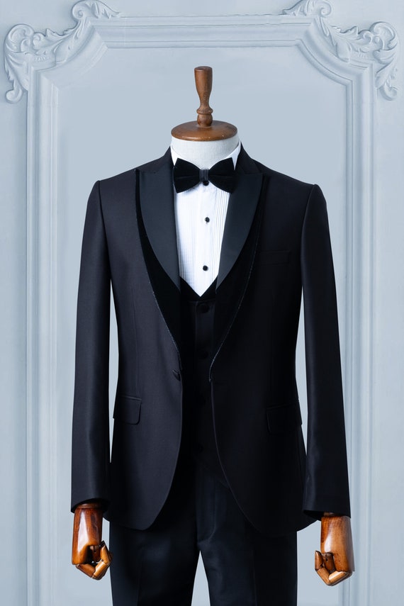 Black Suits Men 3 Piece Slim Fit One Button Wedding Groom Party Wear Coat  Pant, Peak Lapel, Black Slim Fit Satin Peak Lapel Wedding Suit 