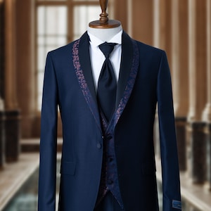 Three Piece  Navy Blue , Shawl Lapel, Men's Tuxedo - Wedding Suit Include Blazer , Vest and Pants Grooms Suit