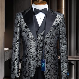 Silver Velvet Three Piece, Peak Lapel Men’s Groom Suit , Men&#39;s Tuxedo - Wedding Suit