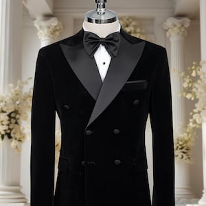 Black Velvet Men&#39;s Tuxedo - Groom Suit - Wedding Suit Peak Lapel Slim Fit Double Breasted Men&#39;s Suit