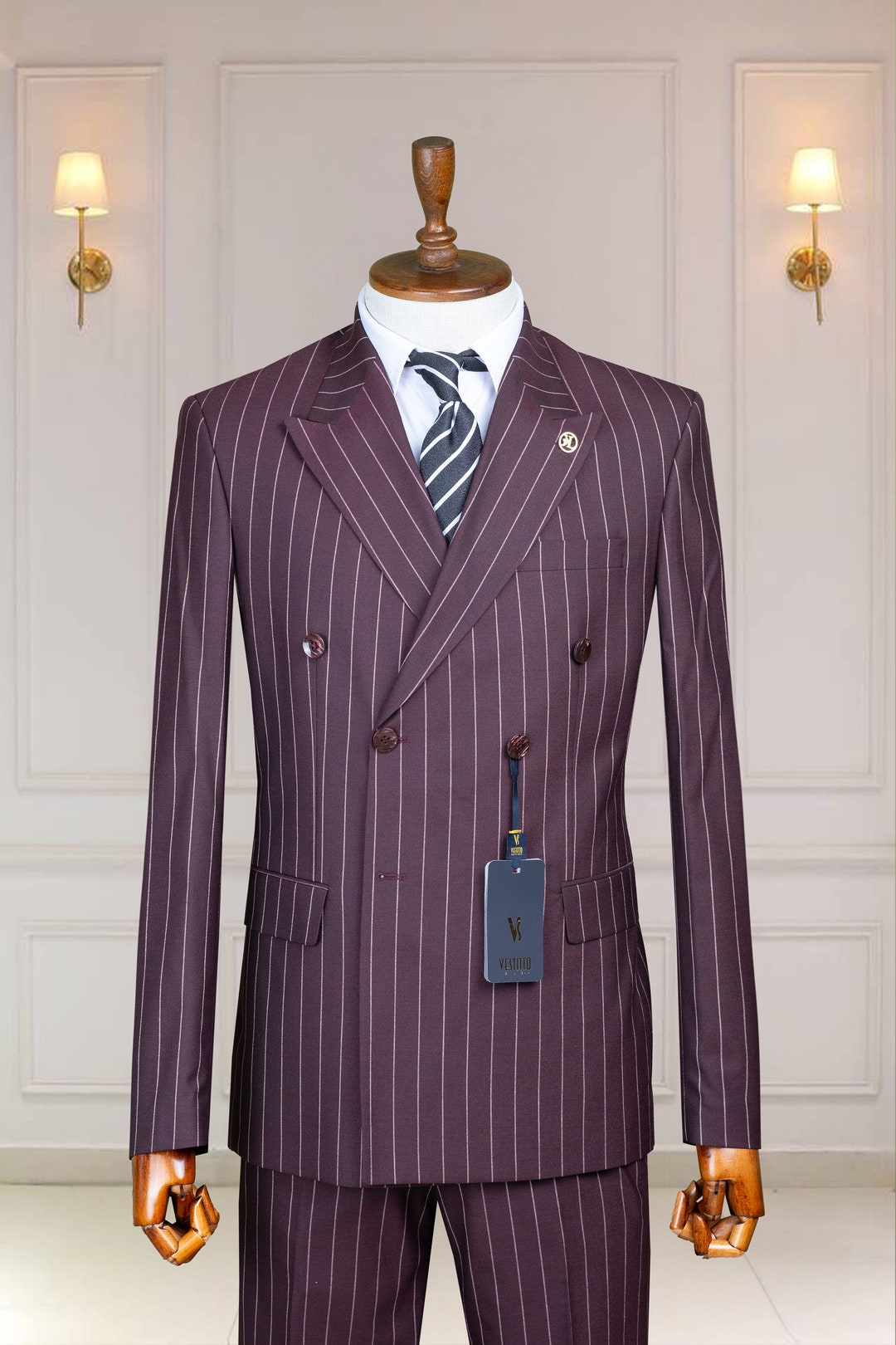 Men's Designer Wool Suit with Double Breasted Vest in Burgundy Windowpane Plaid main image 0