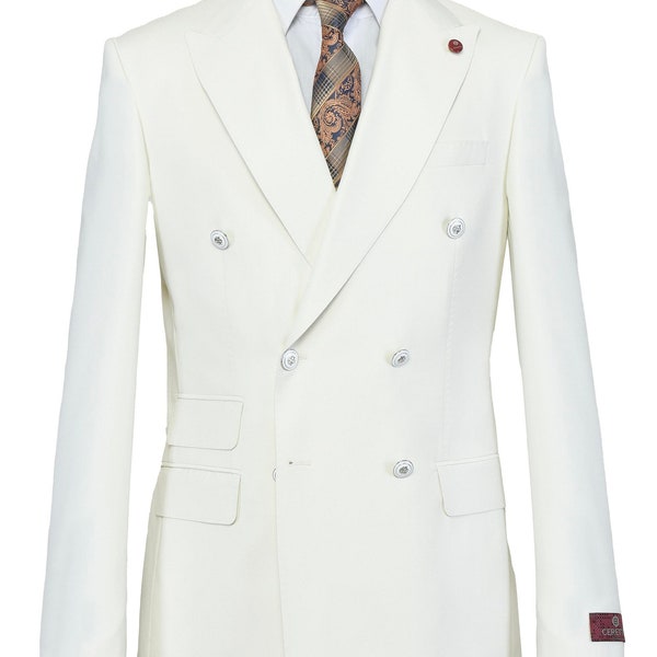 Double Breasted Men’s Suit Off White Color Wool Material Peak Lapel, Flap Pocket, Slim Fit Men Suit , Jacket & Pants